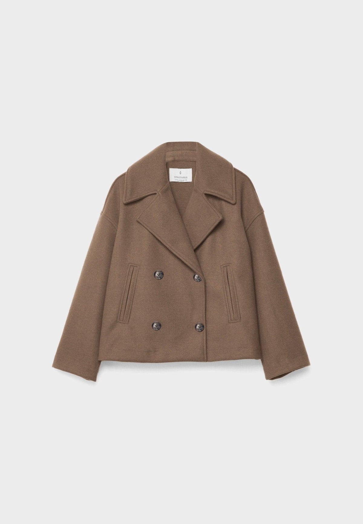 Brown cropped jacket shown flat from the front, featuring broad notched lapels, four buttons, and angled pockets.