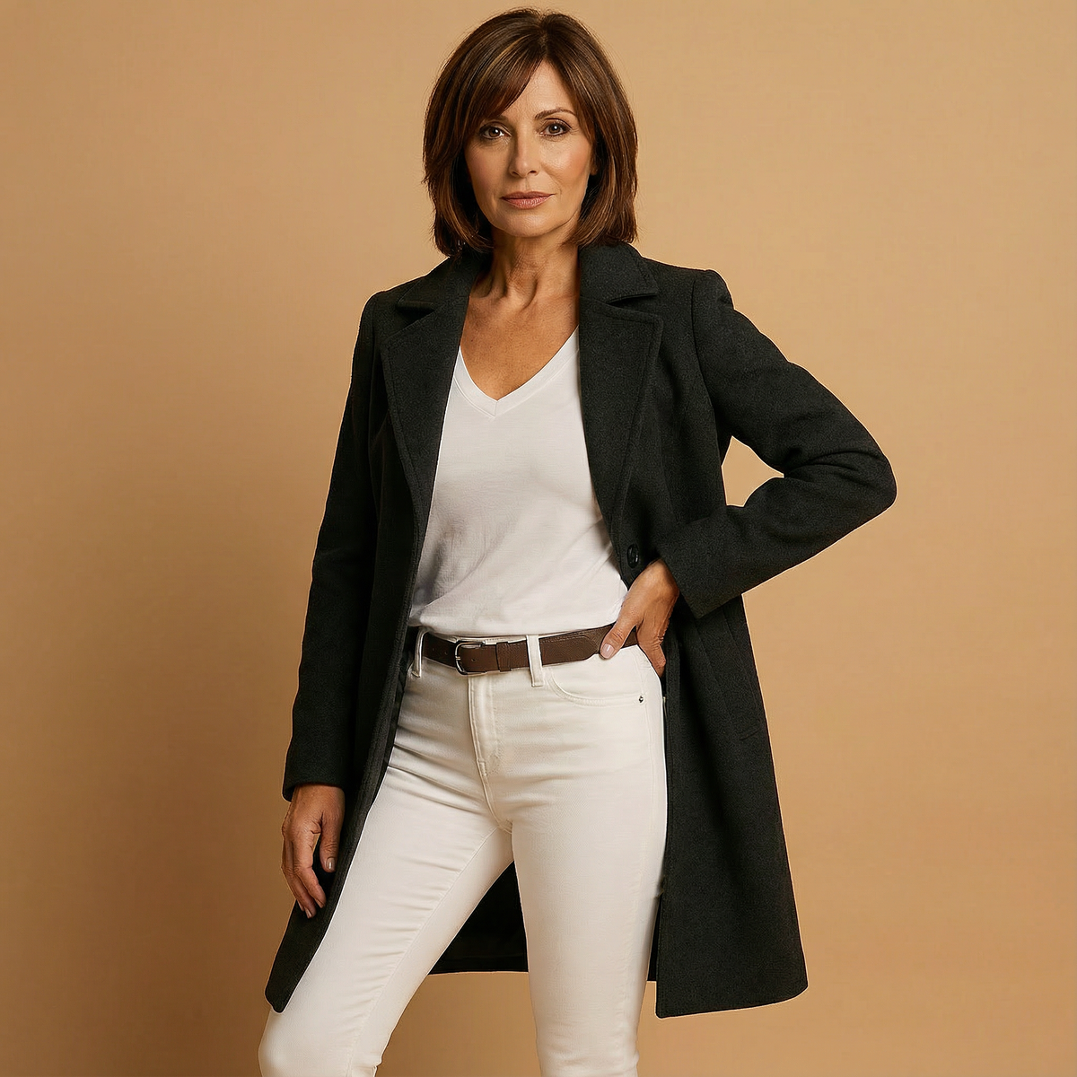 Black longline coat worn over a white V-neck top and trousers, shown in a full-length view with one hand at the waist.