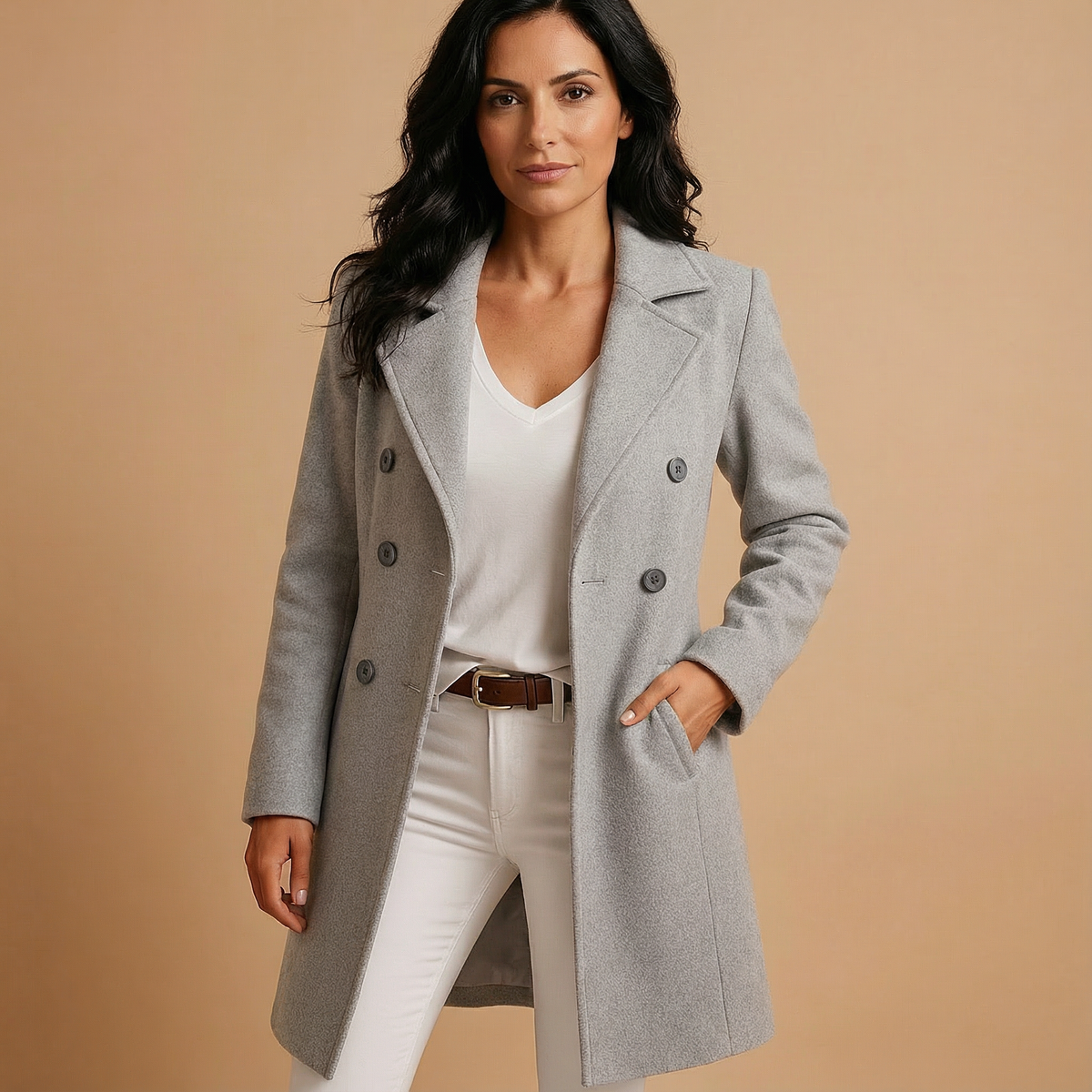 Light gray double-breasted longline coat styled over a white top and trousers, with its extended length and notched lapels clearly visible.