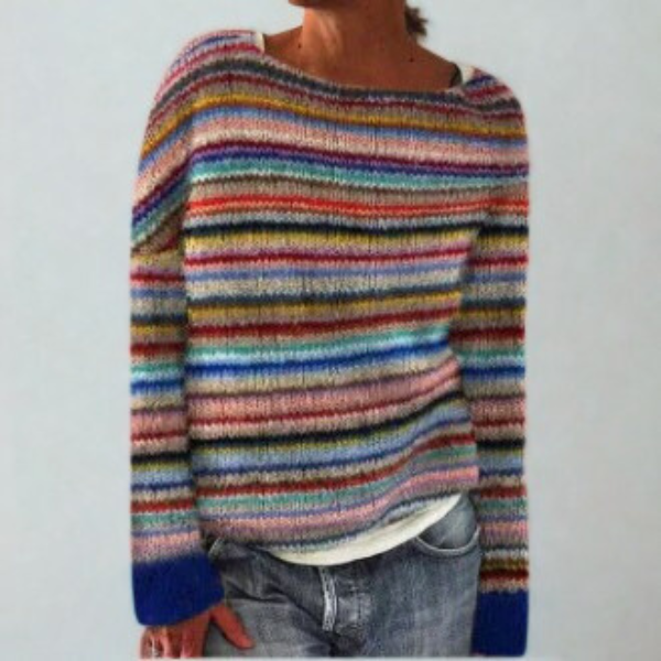 Brightly striped Fair Isle crew neck sweater with many horizontal colored bands and contrasting blue cuffs.