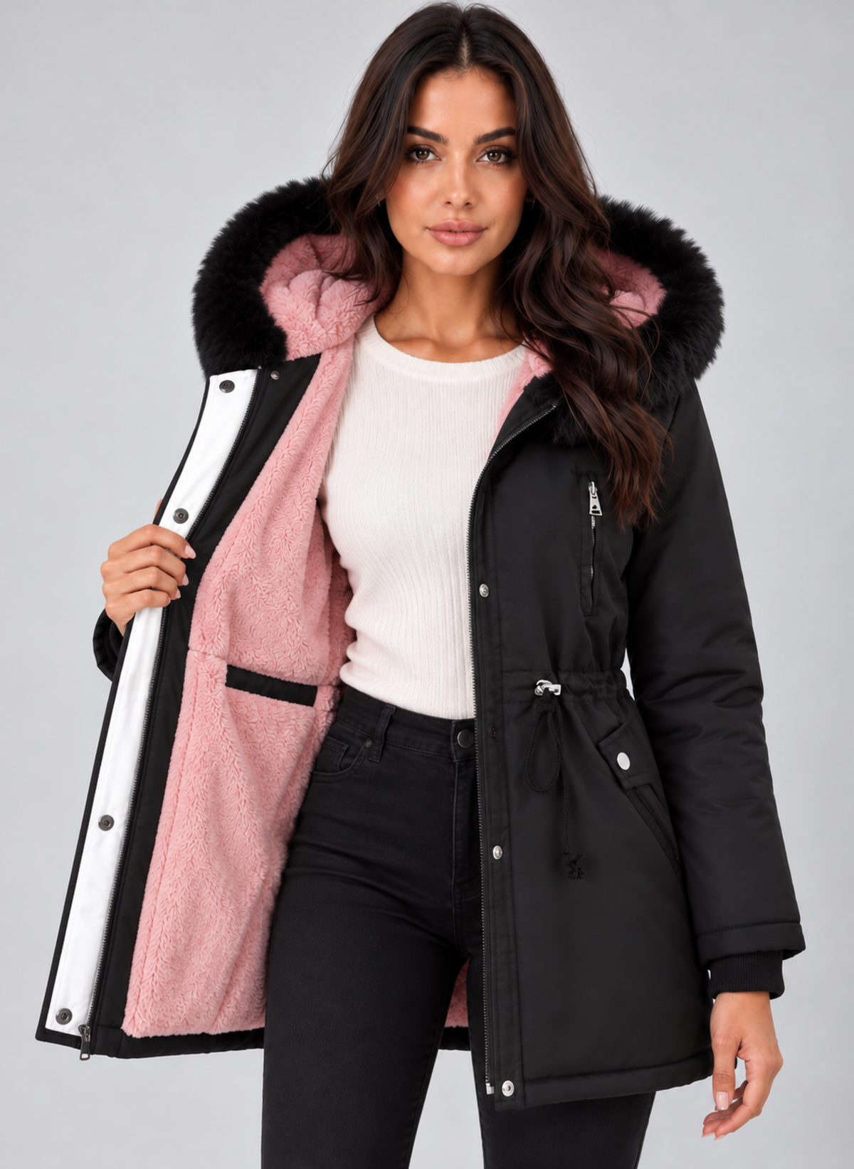 Open front view of the black parka revealing its pink inner lining, full zip, press-stud placket, and multiple pockets.