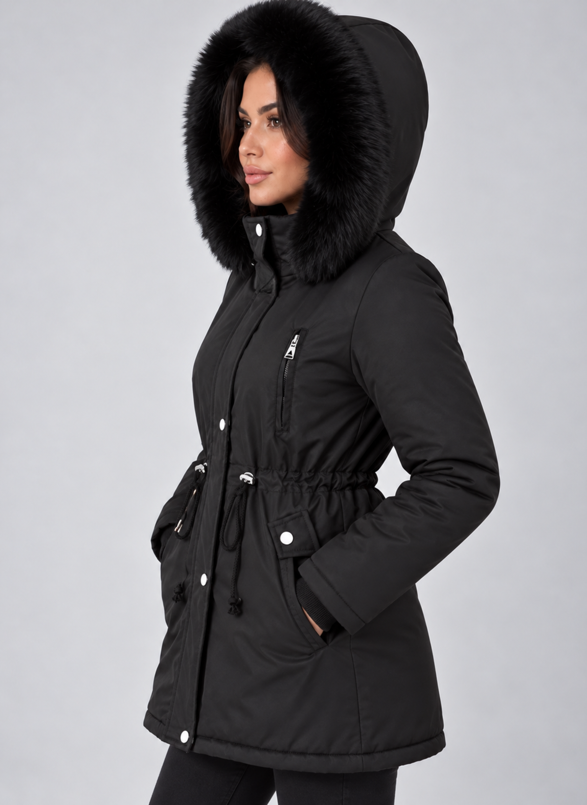 Side view of the black parka worn with the hood up, showing the high neckline, faux fur trim, waist drawstrings, and hand pocket.