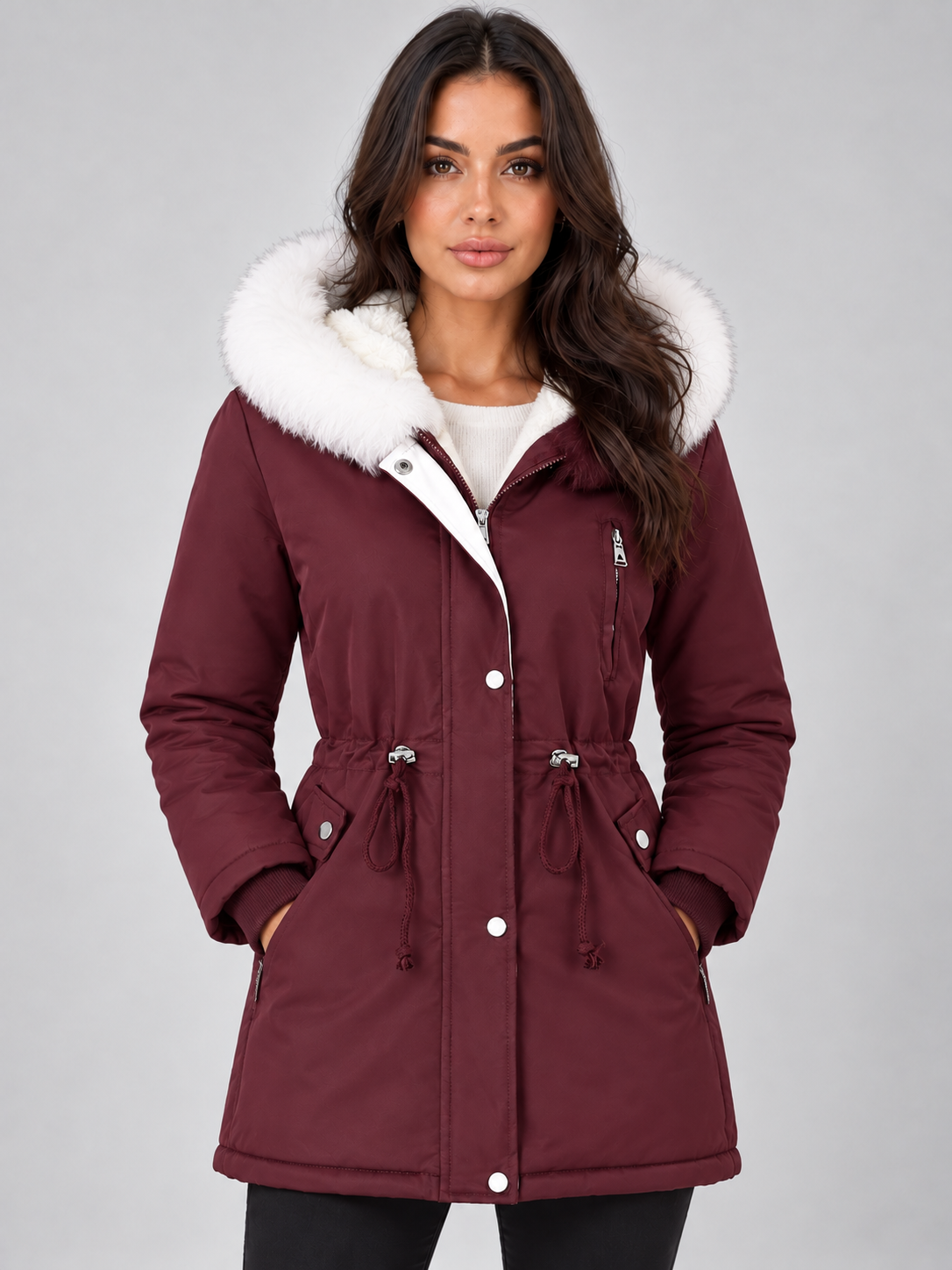 Front view of the longline winter parka in burgundy with a contrasting white faux fur hood trim, drawstring waist, and front pockets.