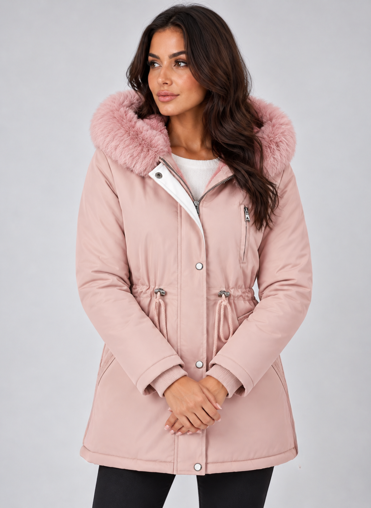 Front three-quarter view of the parka in pale pink with a plush pink faux fur hood trim, high neckline, and cinched waist.
