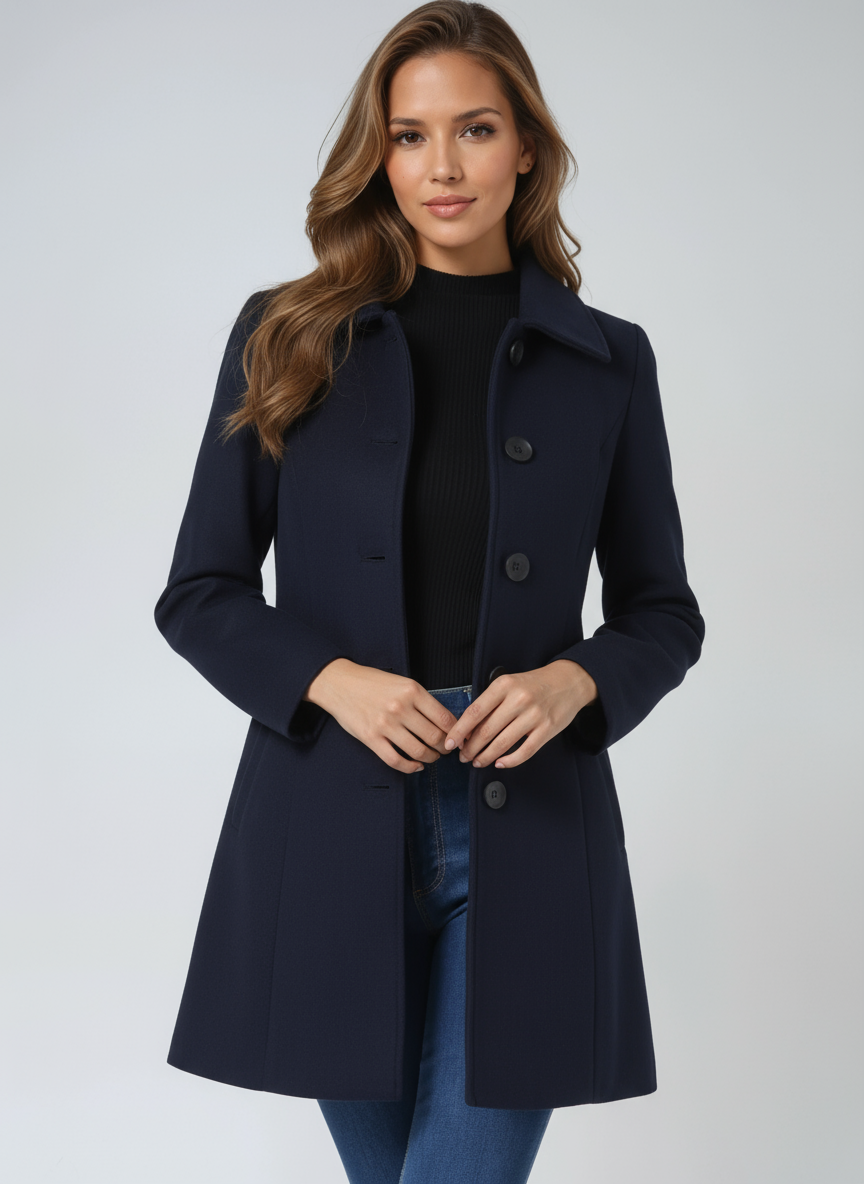 Navy button-front coat worn over a dark top, showing the pointed collar, long sleeves, and gently flared silhouette.