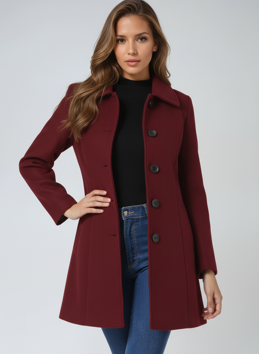 Burgundy fit-and-flare coat styled with one hand on the waist, displaying its pointed collar and front buttons.