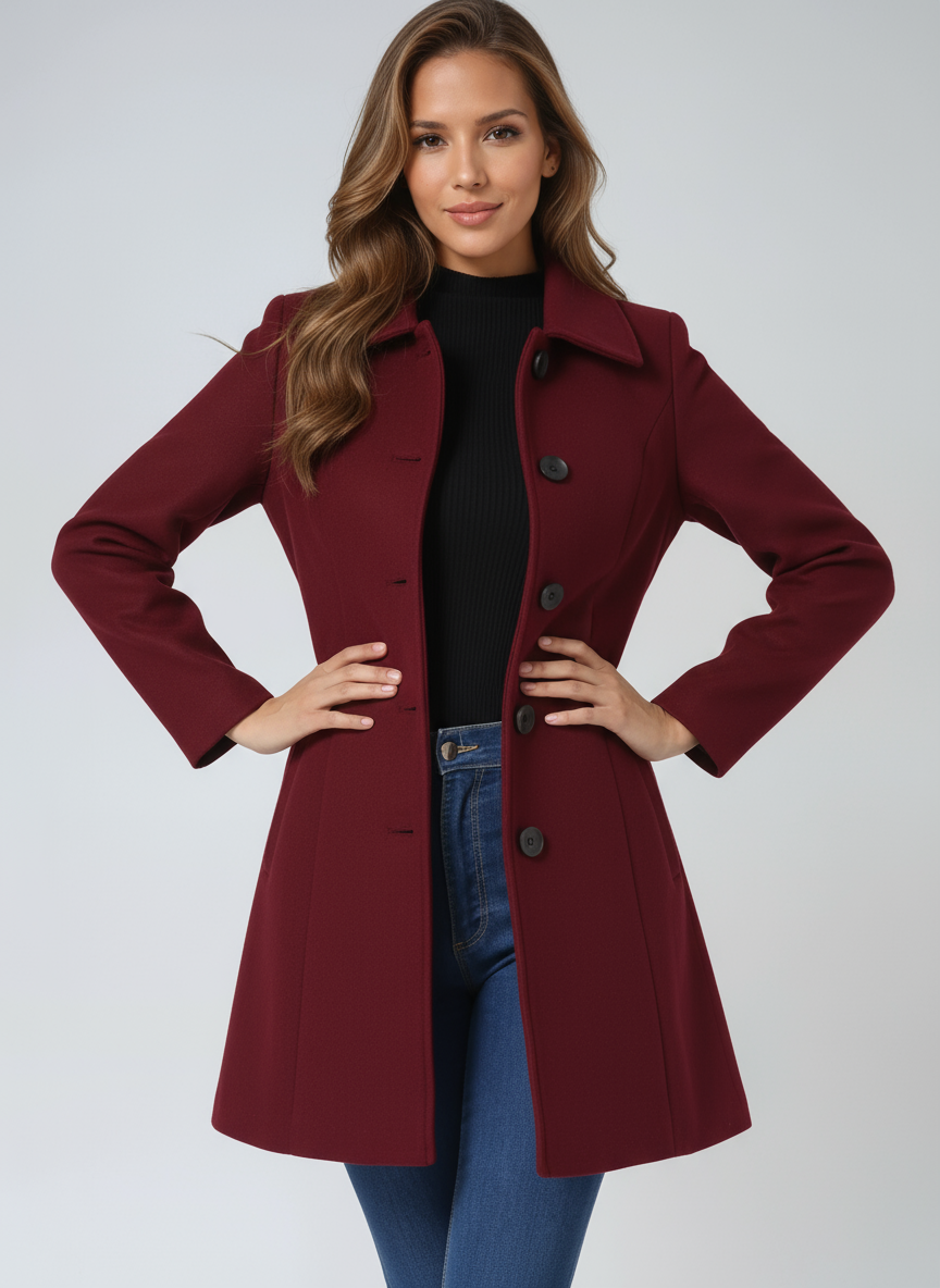 Burgundy coat worn open with both hands at the waist, emphasizing the shaped fit and flared lower silhouette.