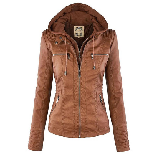 Front view of a fitted brown hooded jacket with a full-length zip, drawstring hood, zippered chest and waist pockets, and stitched cuffs.