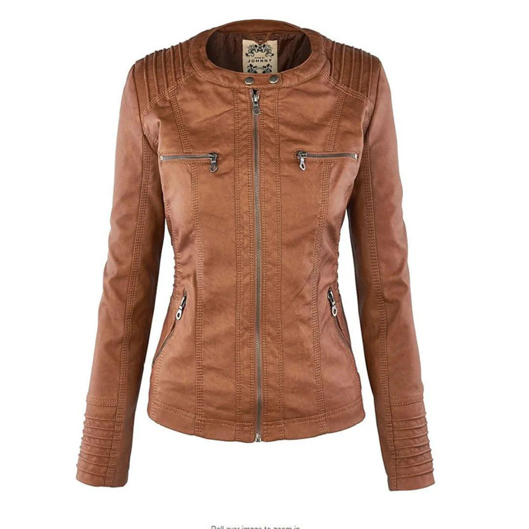 Front view of a brown fitted jacket with a stand collar, full-length zip, two zippered chest pockets, two zippered waist pockets, and stitched shoulder and cuff detailing.