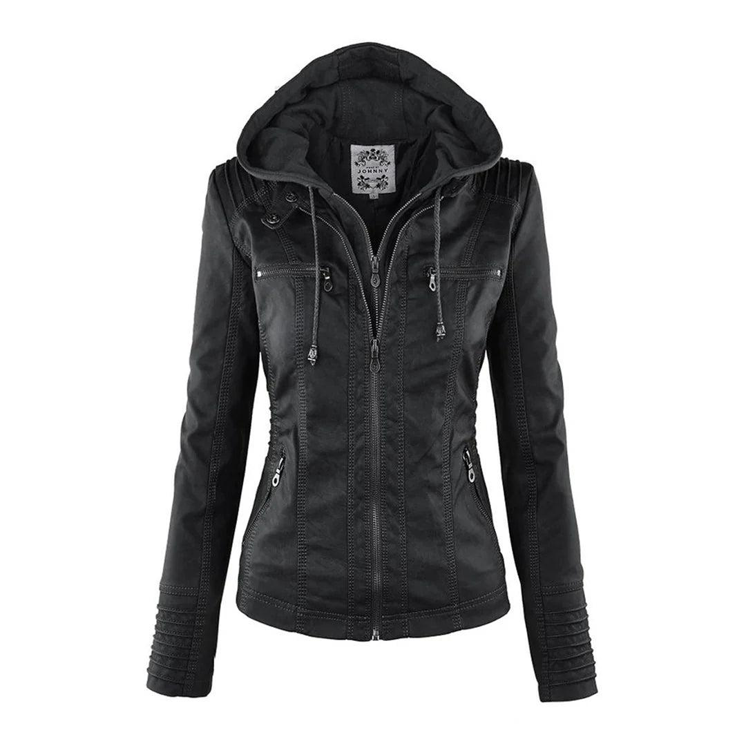 Front view of the fitted jacket in black with a drawstring hood, full-length zip, four zippered pockets, and stitched cuff detailing.