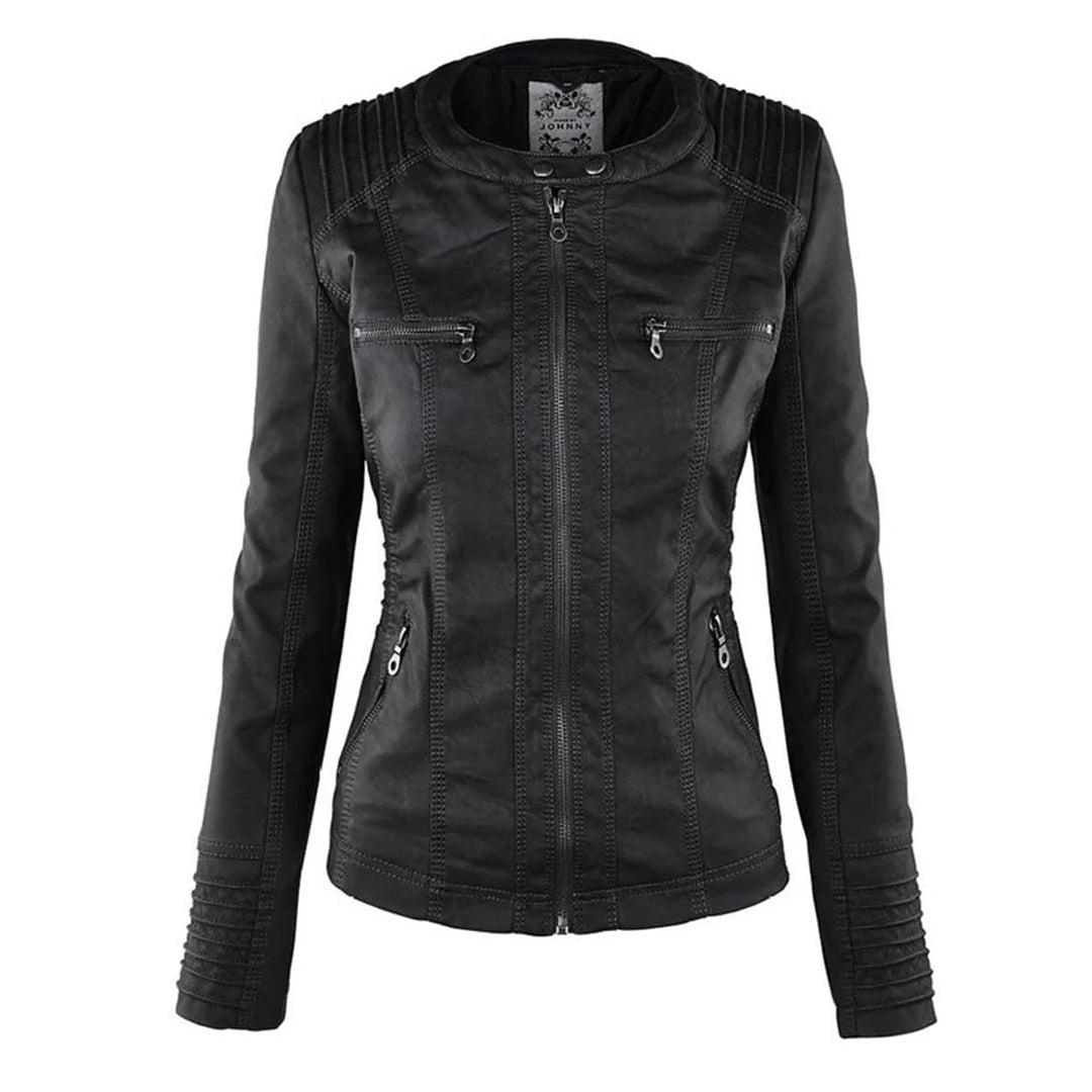 Front view of the black fitted jacket without a visible hood, featuring a stand collar, full-length zip, four zippered pockets, and stitched cuffs.
