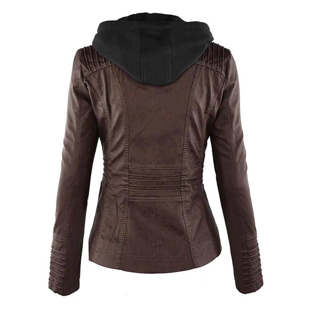 Back view of the dark brown jacket showing its black attached hood, contoured waist, stitched back panels, and horizontal waist detailing.