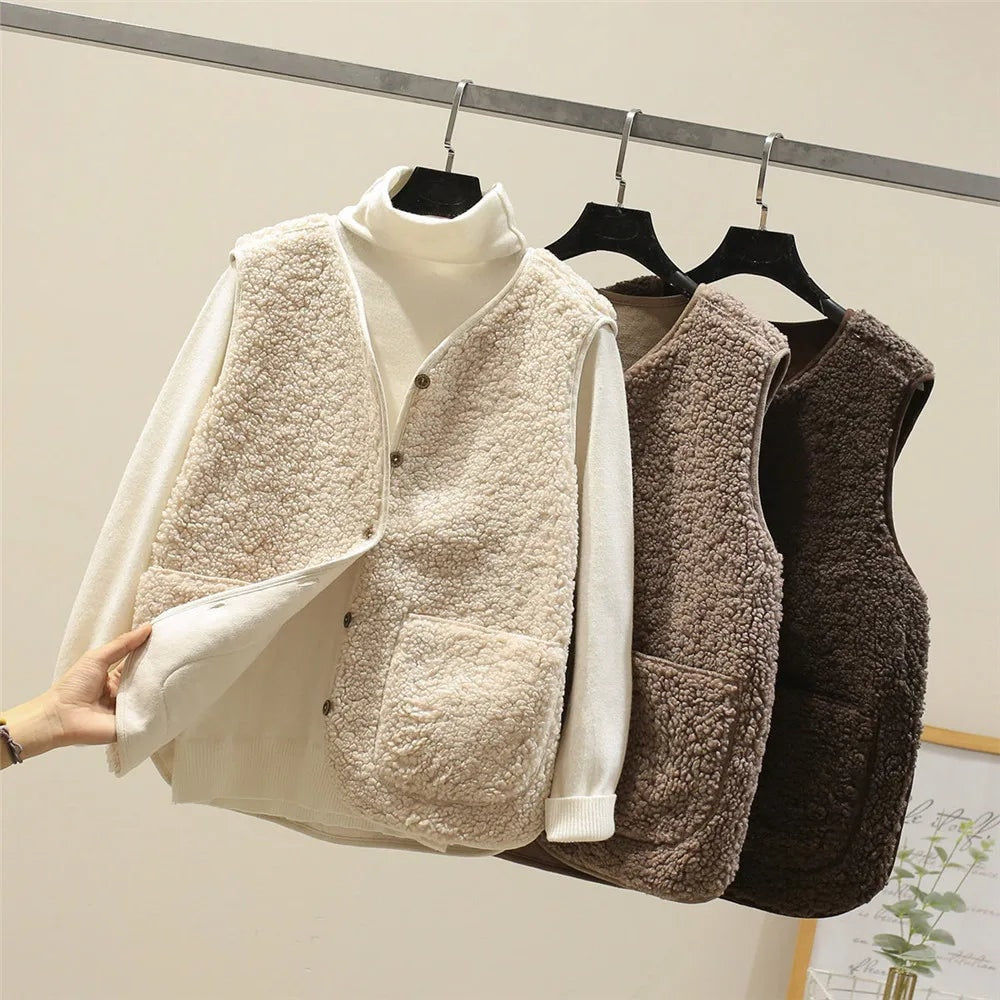 Cream fleece vest in front view with two taupe and dark brown vests hanging behind it, showing the layered styling and front pockets.