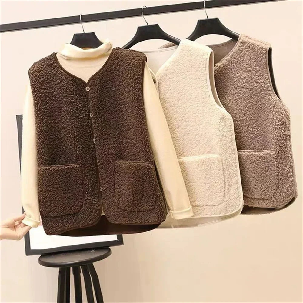 Three fleece button-front vests in dark brown, cream and taupe hanging together, each with a V-neckline and front patch pockets.