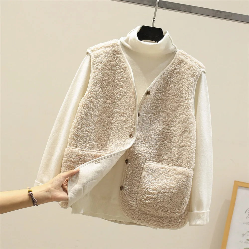 Light cream fleece vest layered over a white turtleneck, featuring contrasting edge binding, patch pockets and a lifted left front panel.