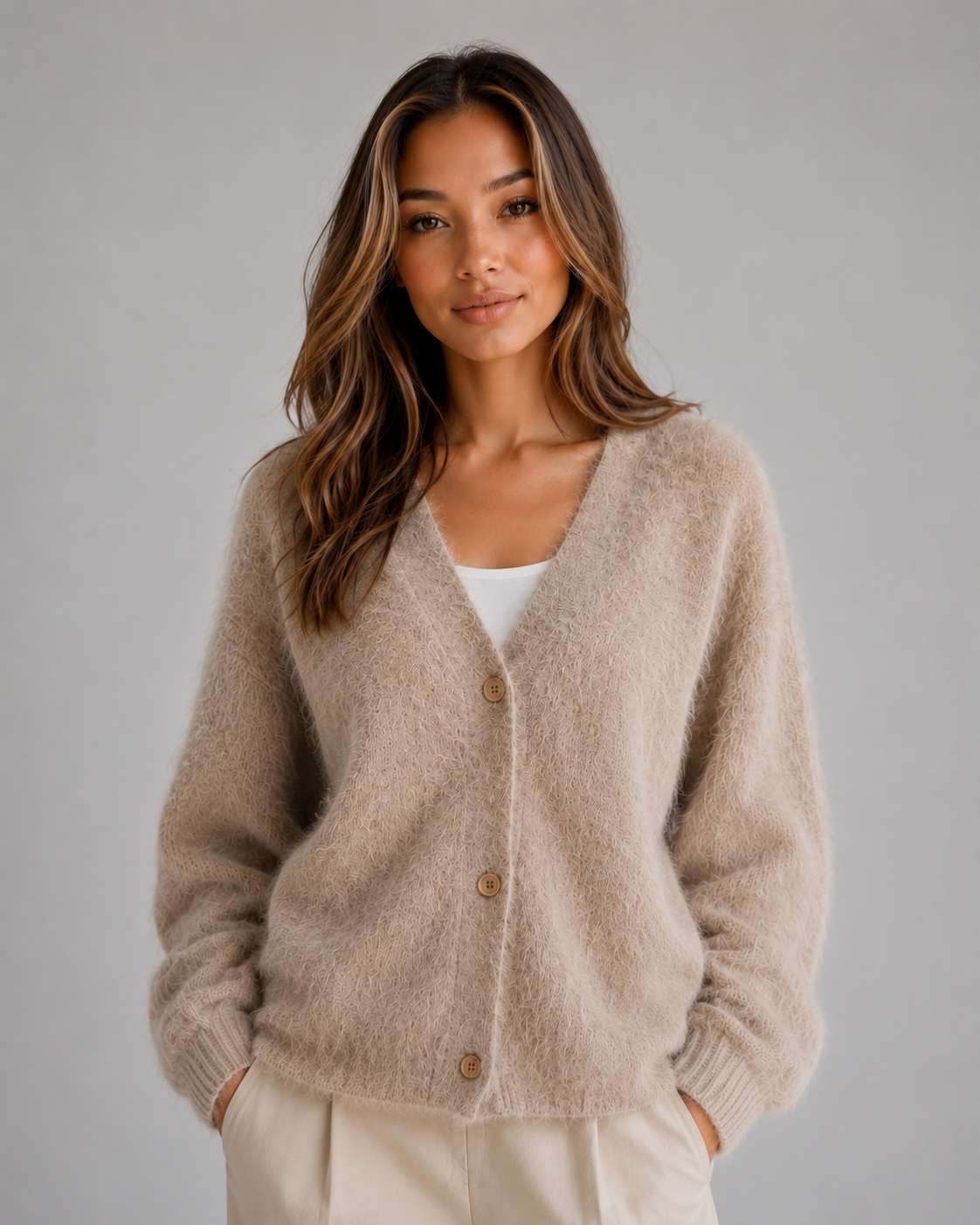 Front view of a beige fluffy V-neck cardigan with three visible buttons, long sleeves, and ribbed cuffs over a white top.