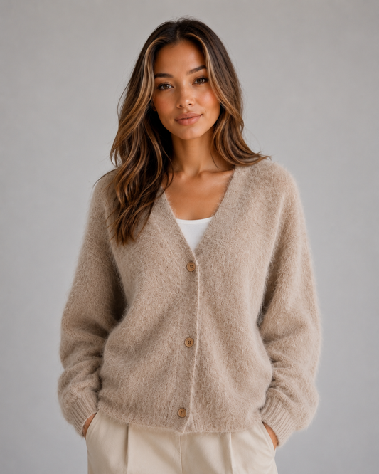 Front view of a beige fluffy V-neck cardigan with three visible buttons, long sleeves, and ribbed cuffs over a white top.