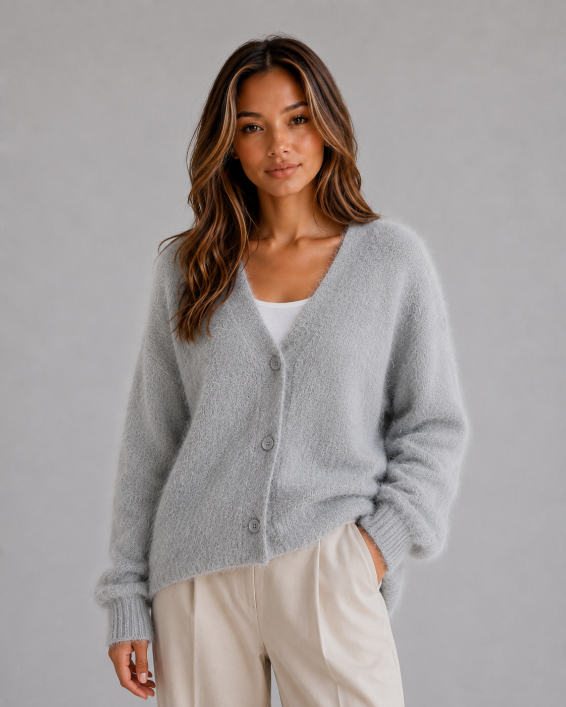 Light gray fluffy V-neck cardigan worn with the front open slightly, one hand in a trouser pocket and a sleeve cuff visible.