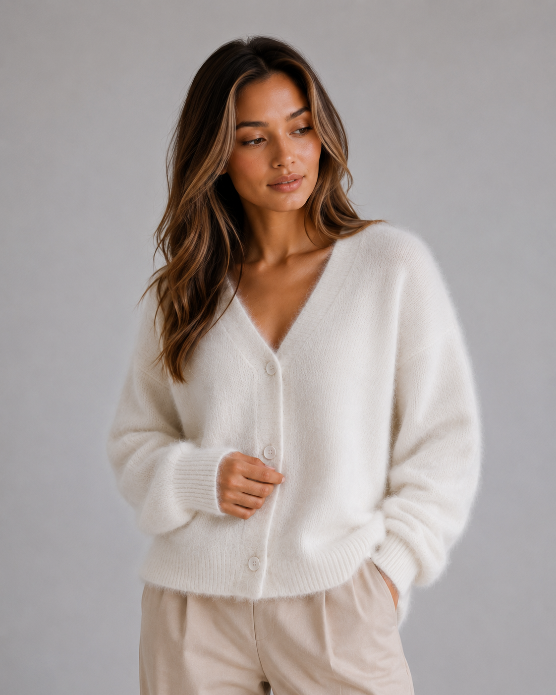White fluffy button-front cardigan layered over a white top, shown with the V-neck, long sleeves, and front buttons.