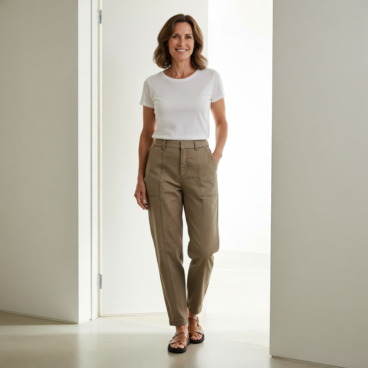 Taupe utility pants styled with a tucked white T-shirt, showing the high waist, belt loops, tapered legs, and hand pockets.