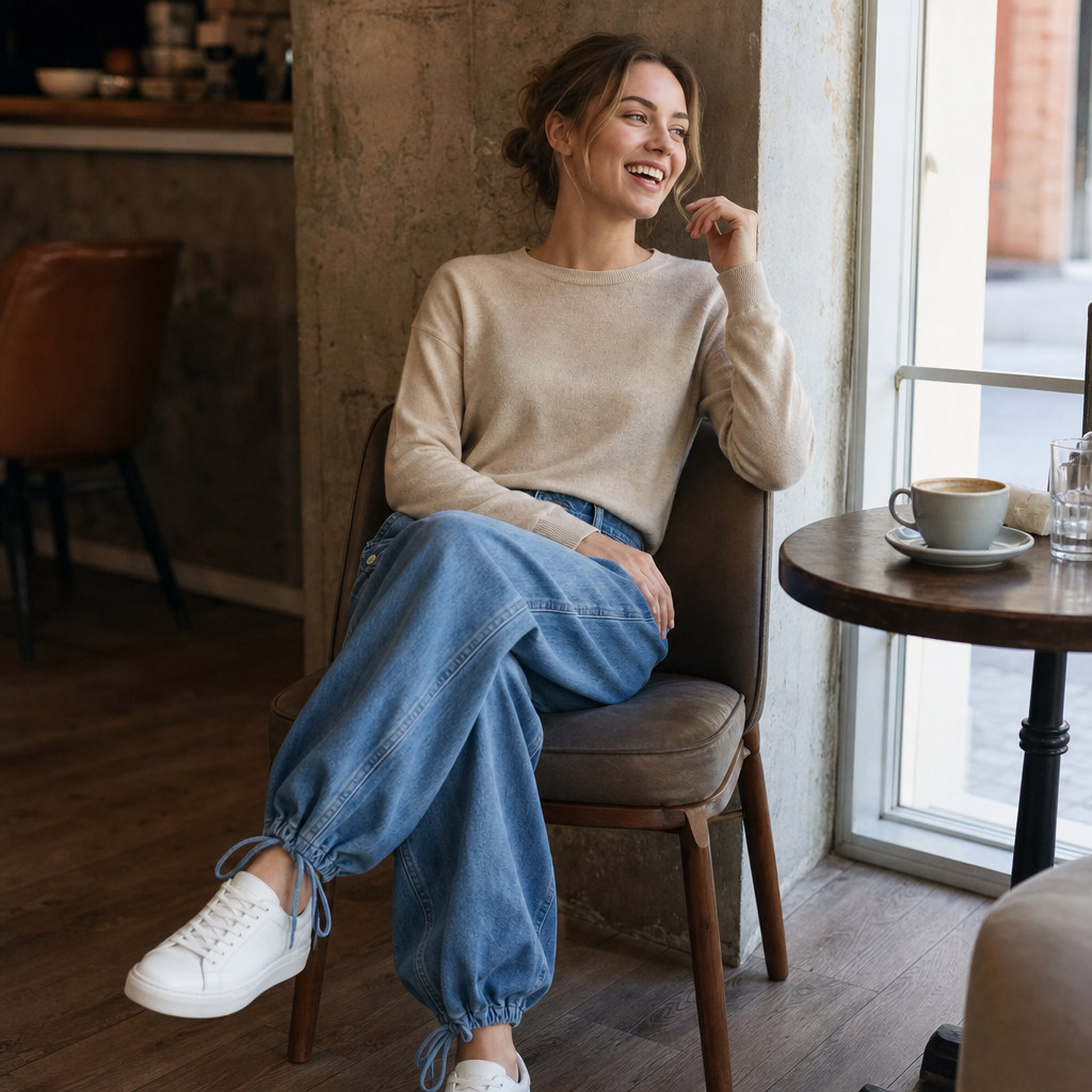 Relaxed seated styling of blue barrel leg jeans with tied ankle hems worn with white sneakers.