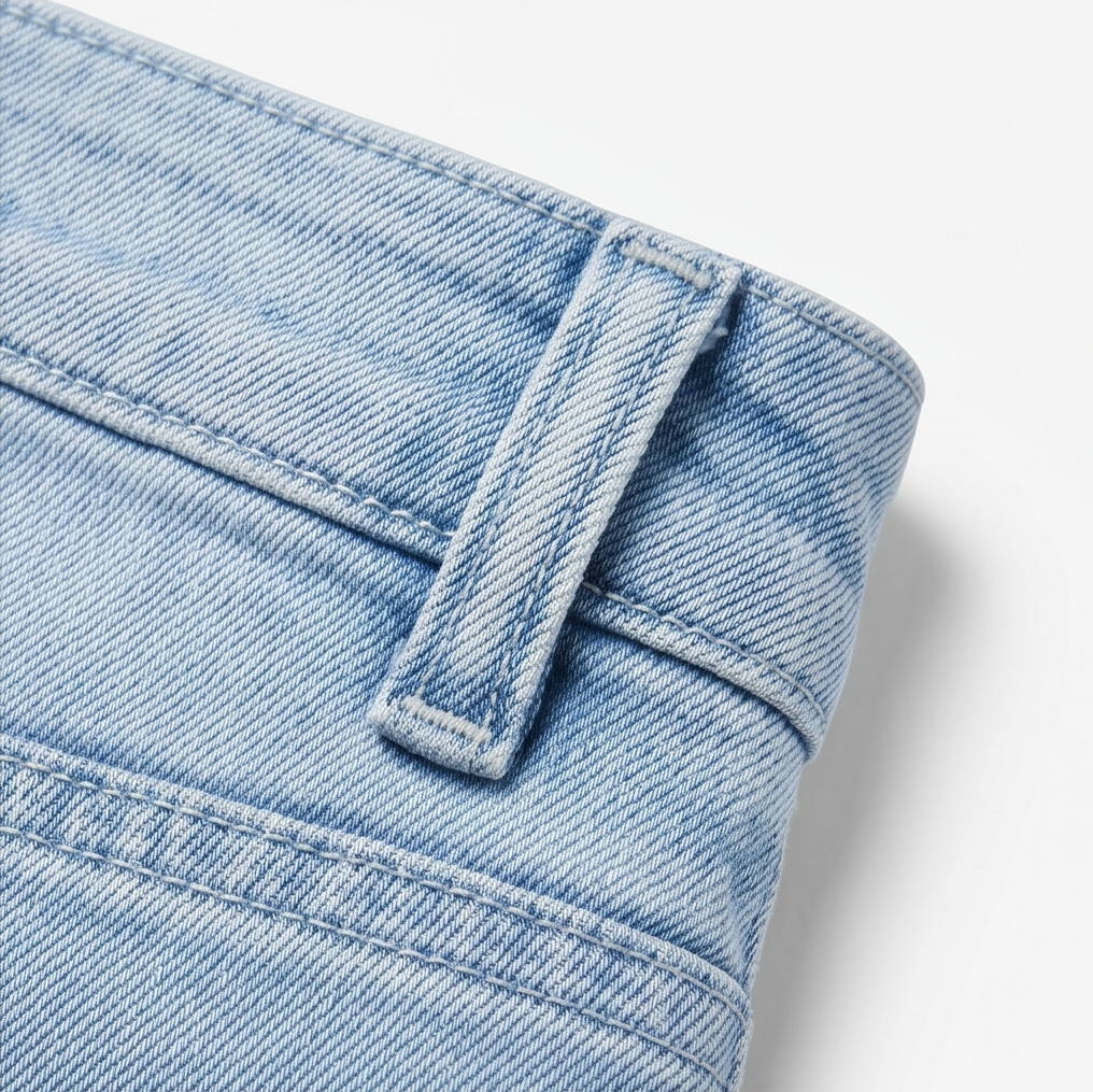 Close-up of a belt loop stitched onto the light-blue jeans’ waistband.