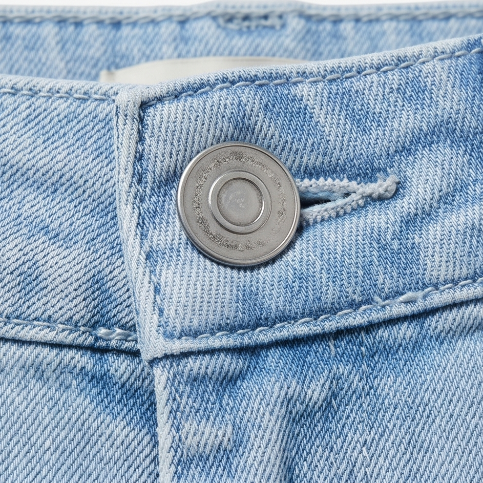 Close-up of the jeans’ metal button fastening and top waistband stitching.