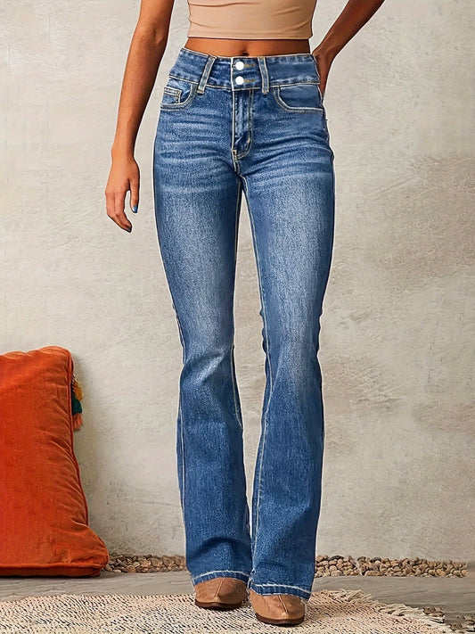 Front view of blue high-waisted flared jeans with a button and zip closure, five-pocket styling, and full-length legs.
