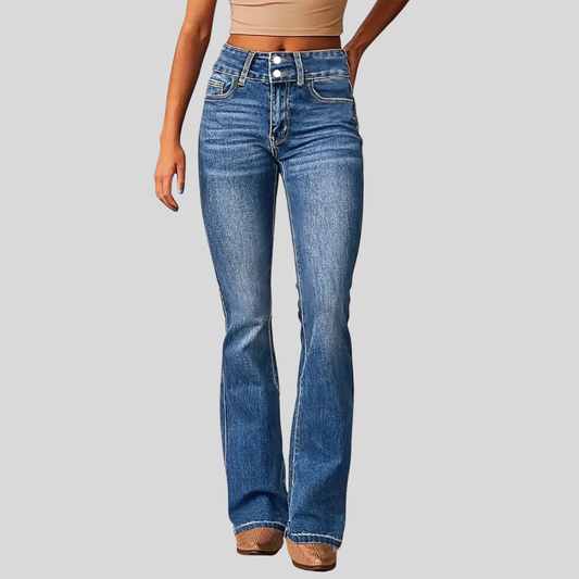 Front view of blue high-waisted flared jeans with a button and zip closure, five-pocket styling, and full-length legs.