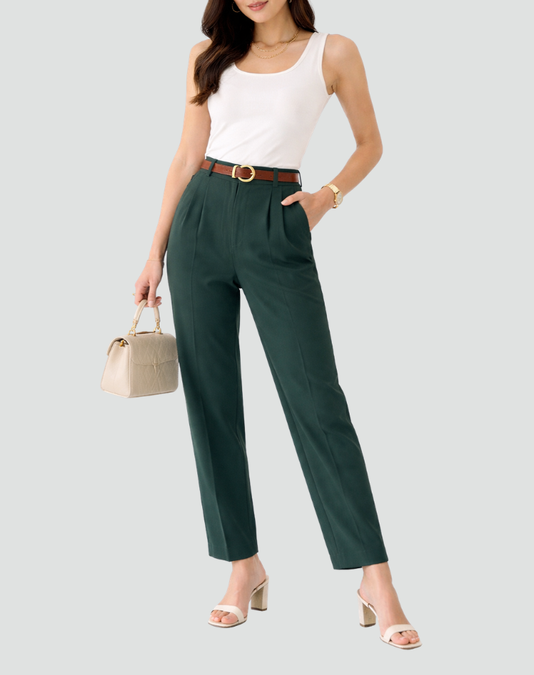 Deep green pleated trousers with a high waist, tapered ankle-length silhouette, side pockets, and a brown belt.