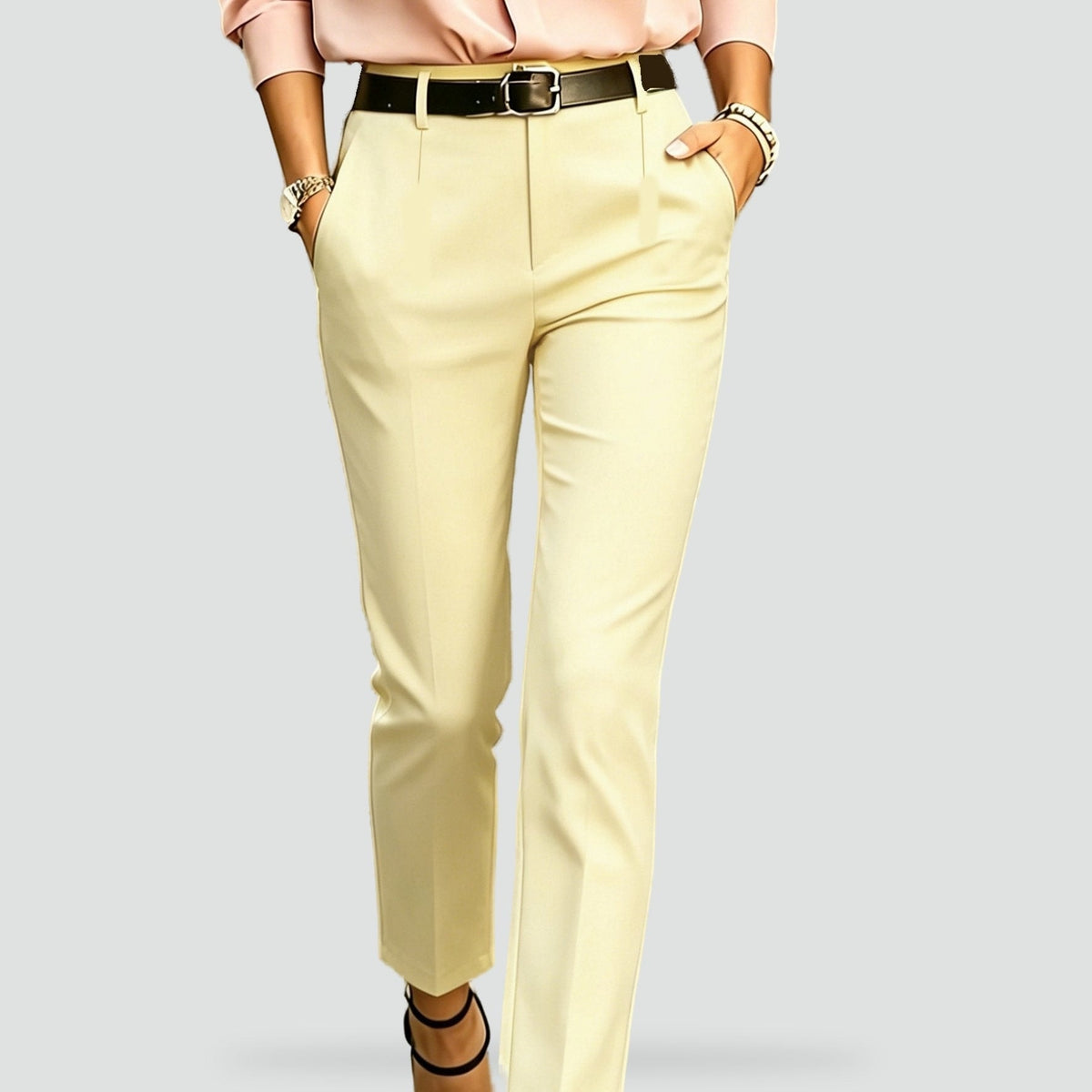 Close crop of pale yellow ankle trousers emphasizing the high waistband, belt loops, and front crease.