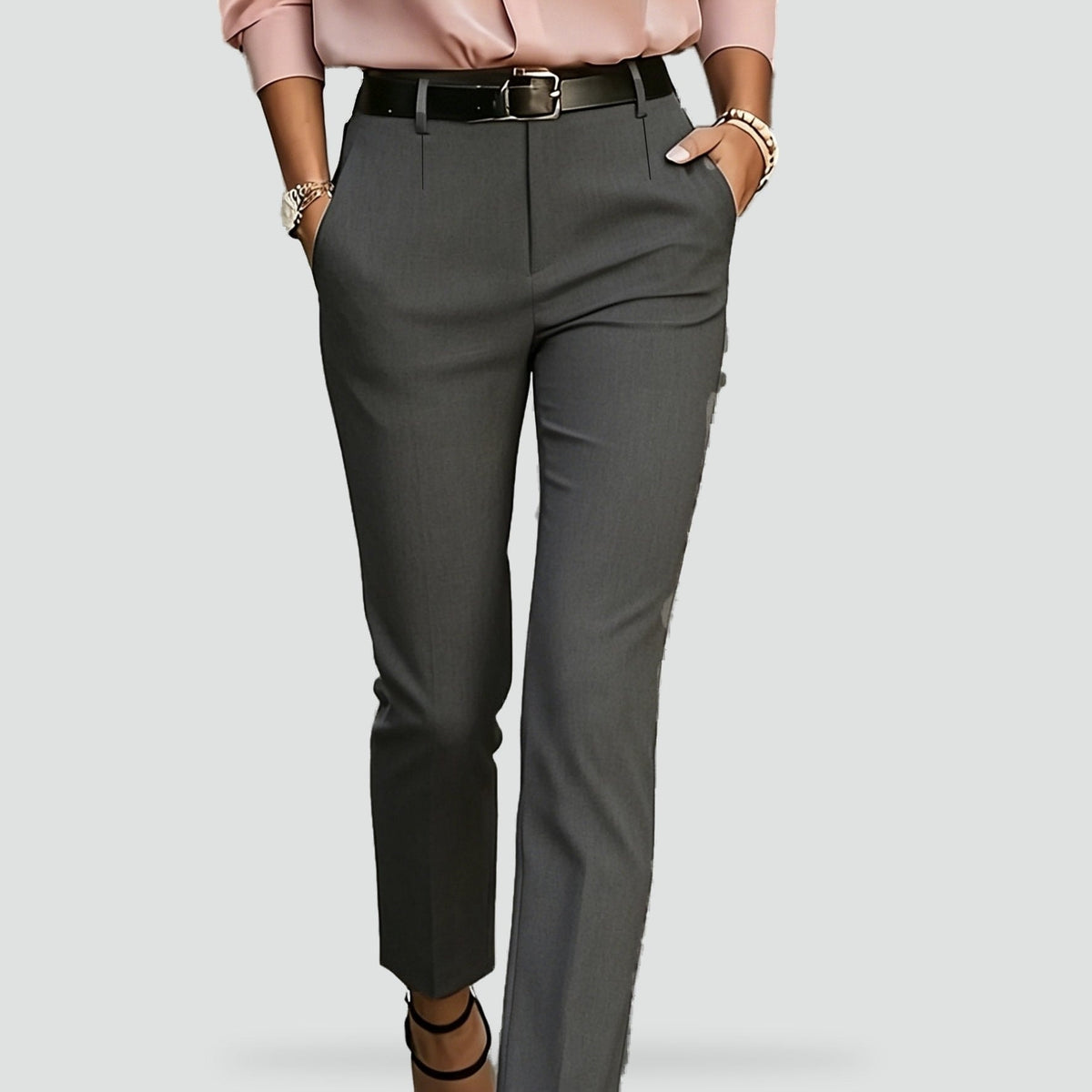Gray ankle trousers shown in a cropped front view, highlighting the slim leg and tailored waistband.