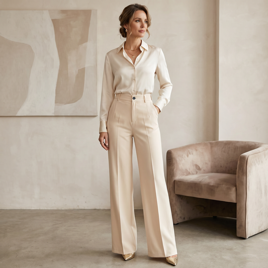 Model wearing cream high-waisted wide-leg dress pants with front pleats and side pockets, styled with a tucked-in blouse and pointed shoes.