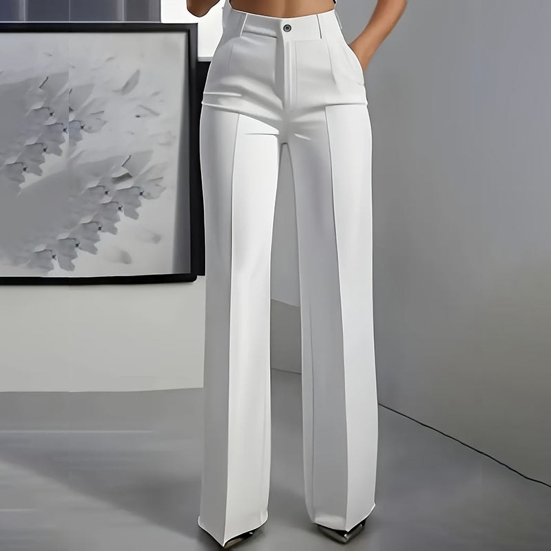 Front view of white high-waisted wide-leg pants with tailored pleats and side pockets.