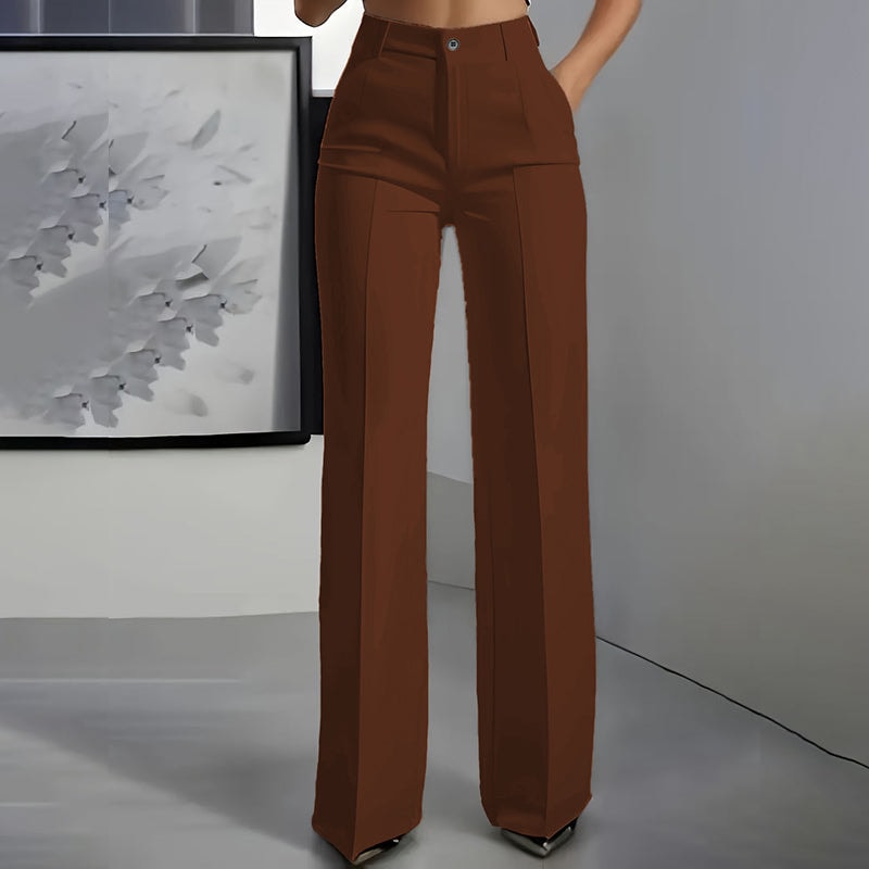 Front view of brown high-waisted wide-leg pants with a clean waistband and long, flowing trouser legs.