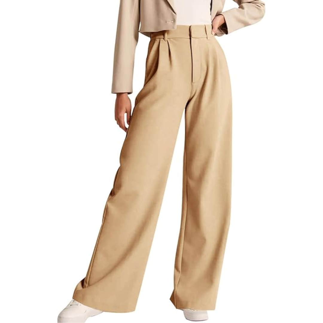 Beige high-waisted trousers with front pleats and wide legs, styled with a cropped jacket and white sneakers.