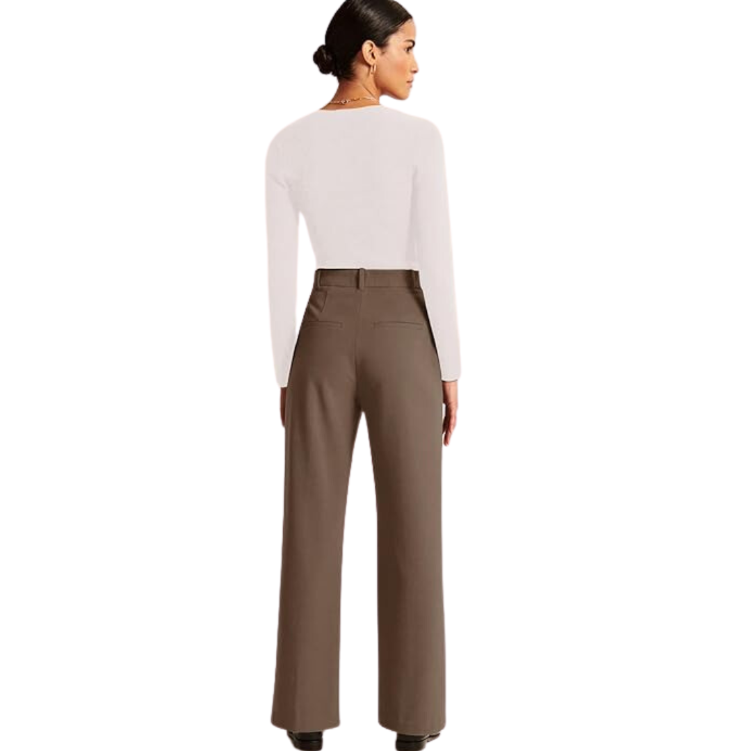 Back view of taupe wide-leg trousers showing the high waistband and rear pockets.