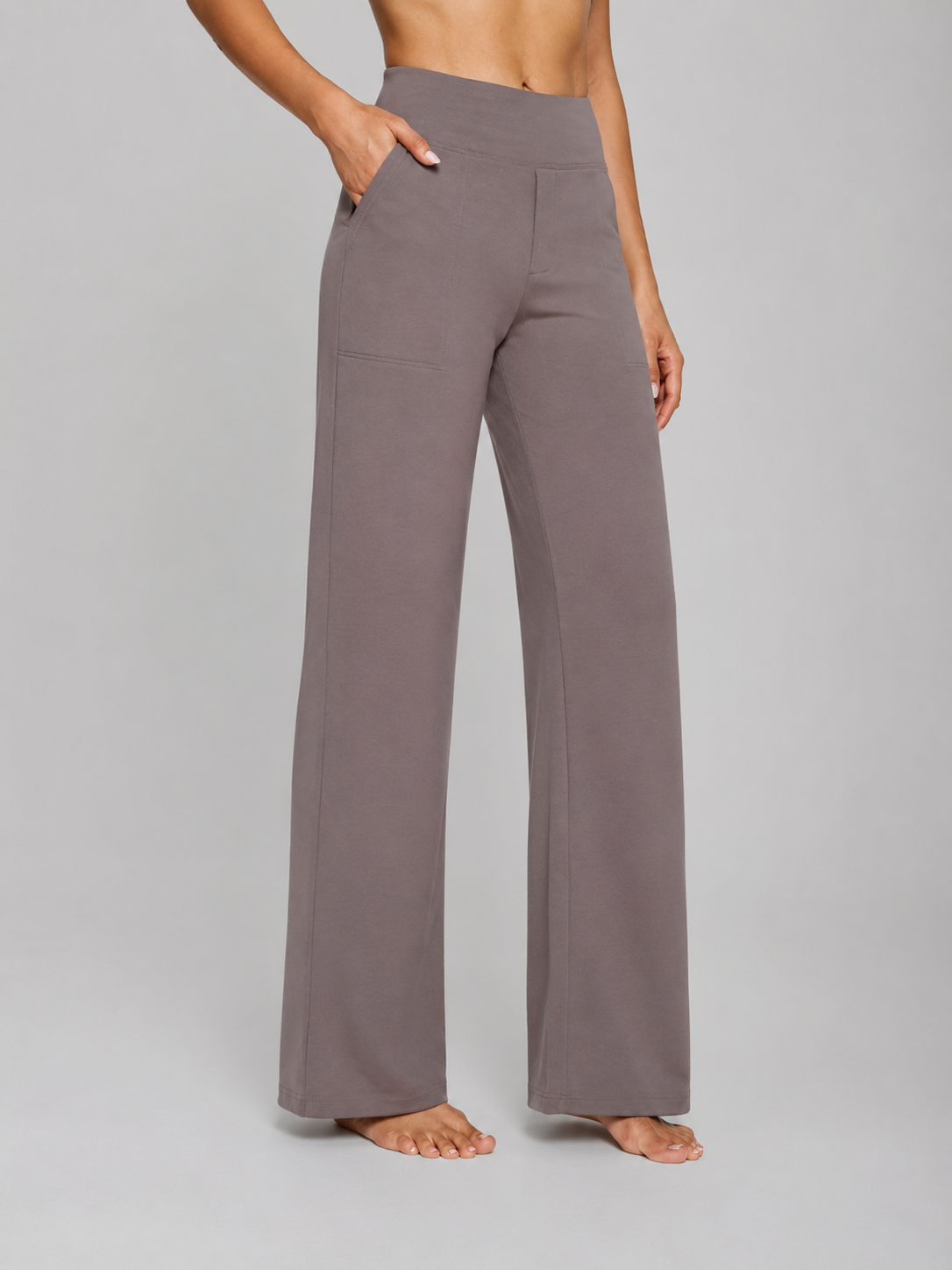 Front view of taupe high-waisted trousers with wide legs, side pockets, and clean front detailing.