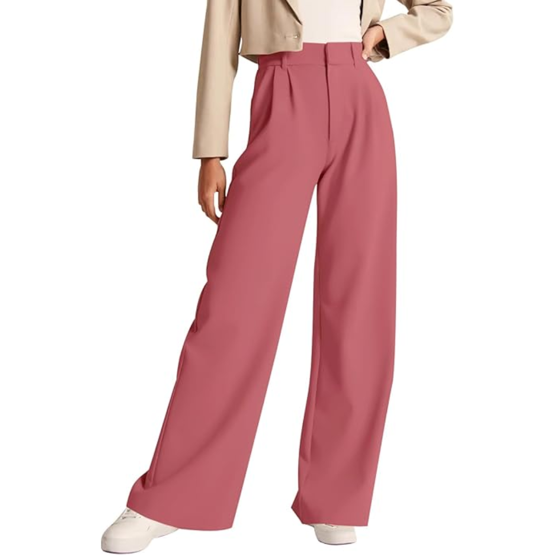 Rose pink wide-leg trousers with a high waist and structured pleats, shown with a neutral cropped jacket.