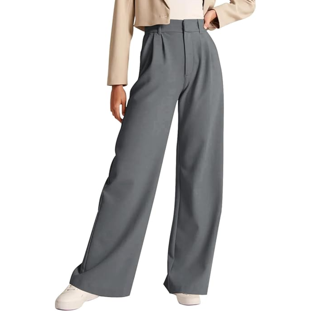 Charcoal gray high-waisted trousers featuring a front fly, pleats, and relaxed wide legs.