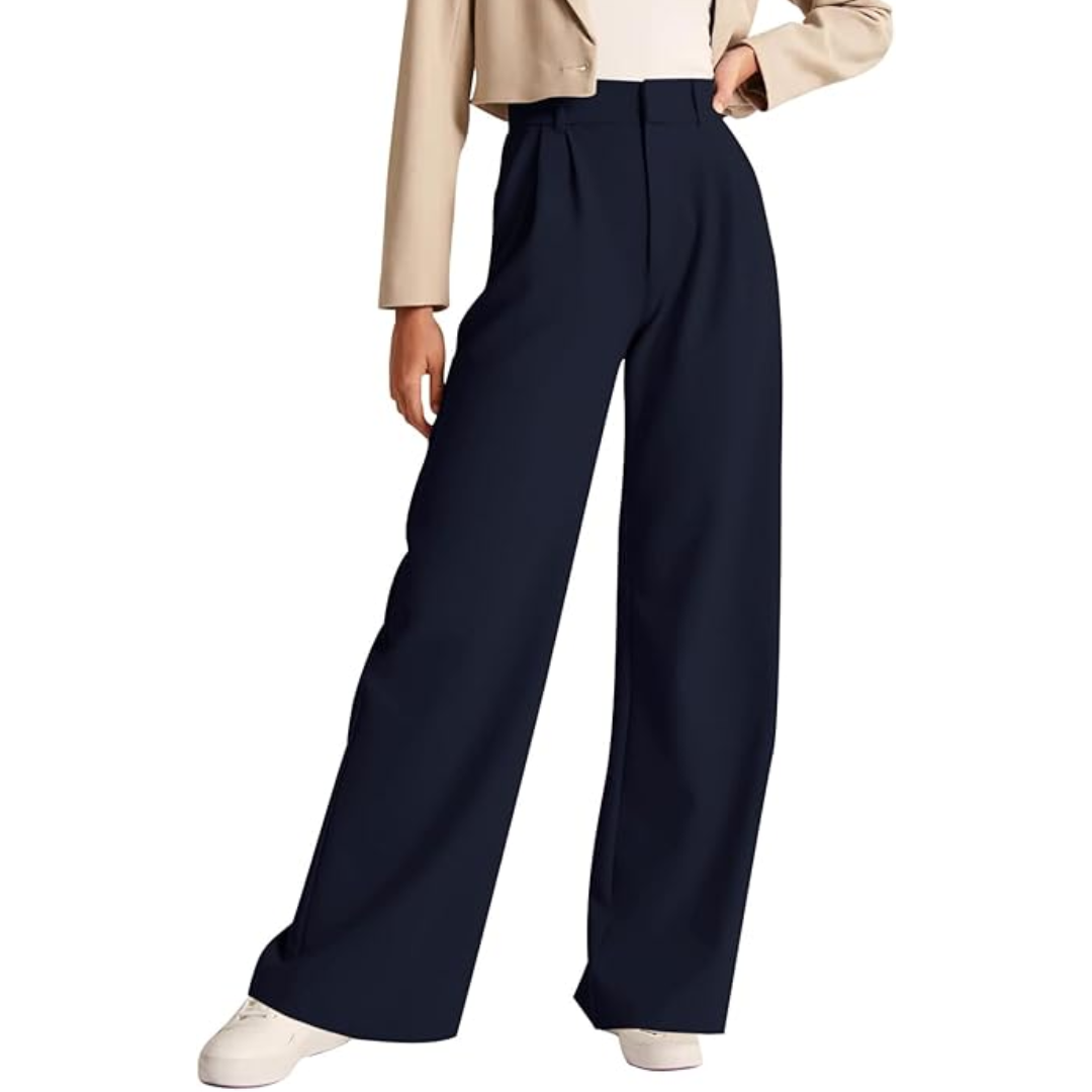 Navy wide-leg trousers with a structured high-rise waist and clean front tailoring.