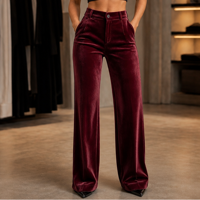 Front view of the same high-waisted wide-leg trousers in a deep burgundy velvet-look finish.