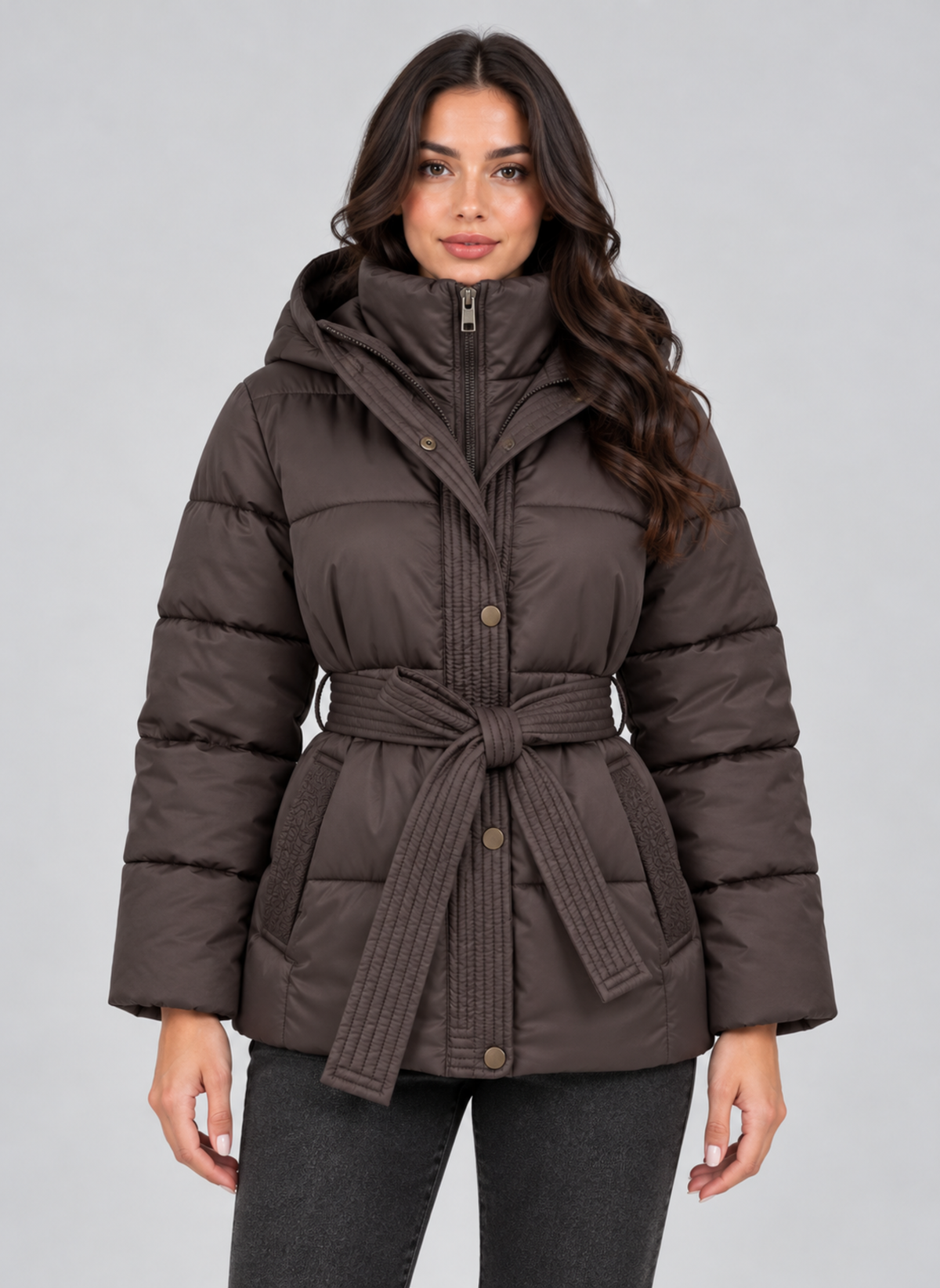 Front view of a brown quilted puffer jacket with a high collar, hood, front closure, long sleeves, side pockets, and a tied waist belt.
