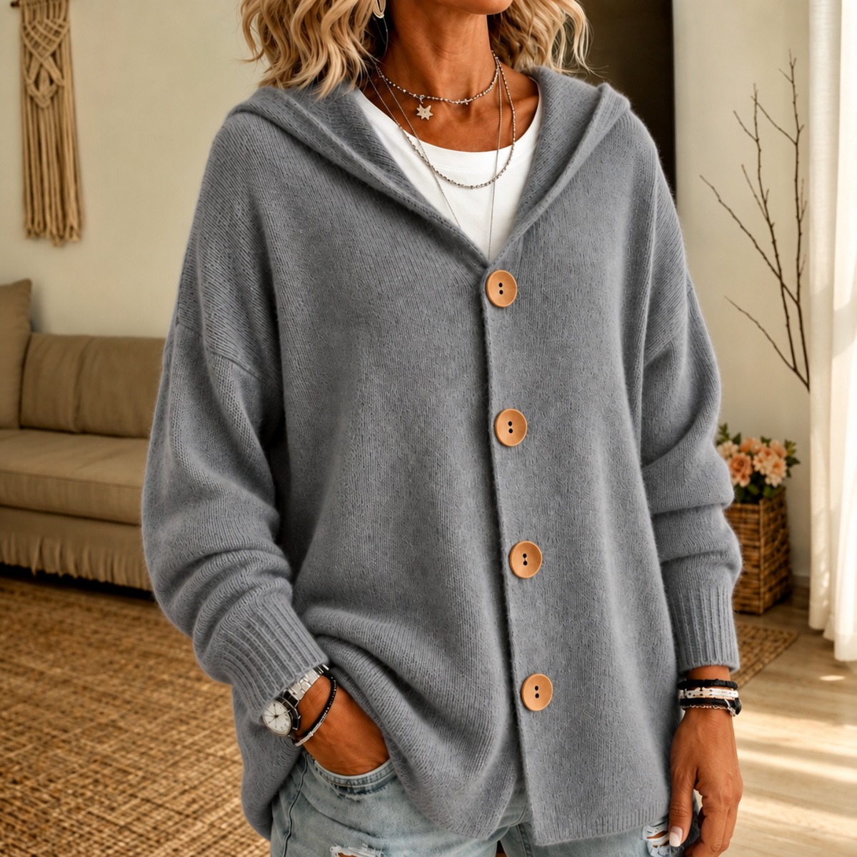 Close view of a gray hooded button-front cardigan with long sleeves, ribbed cuffs, and wooden buttons over a white top.