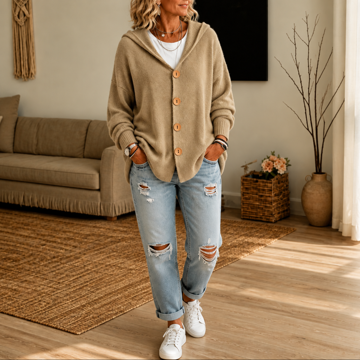 Tan version of the hooded cardigan worn buttoned with jeans and white sneakers.