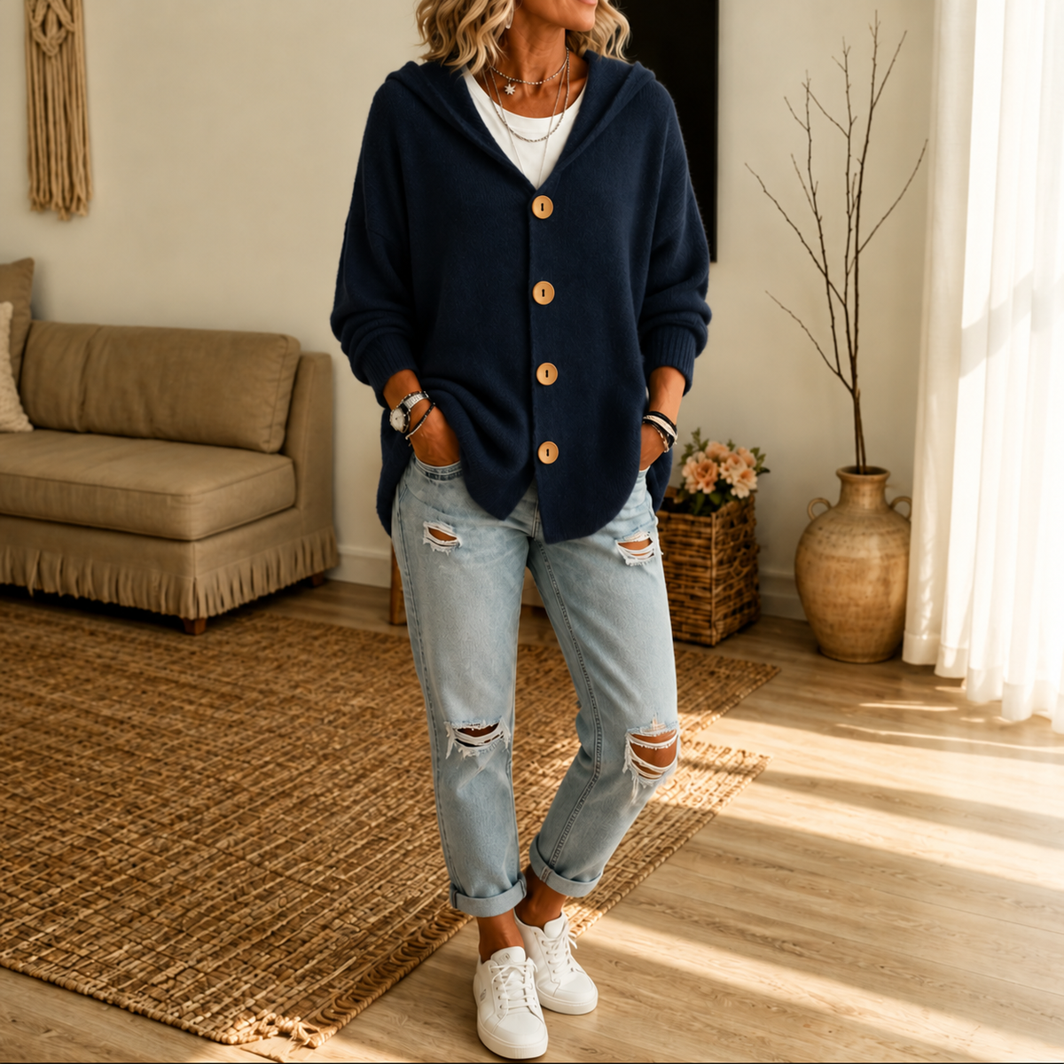 Navy hooded cardigan styled with rolled distressed jeans and white sneakers.
