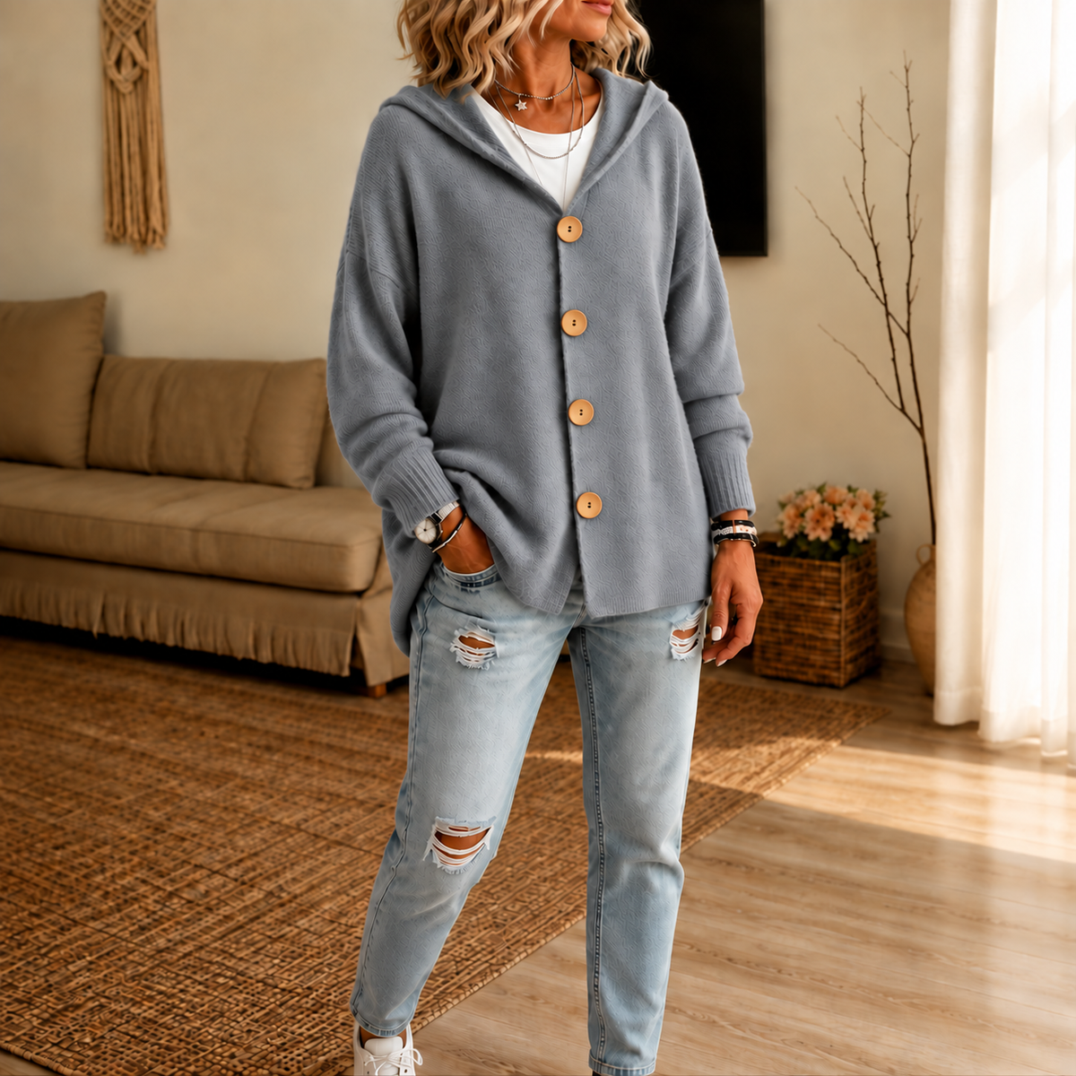 Gray hooded cardigan shown in a full front view with one hand in a pocket and the cardigan buttoned.