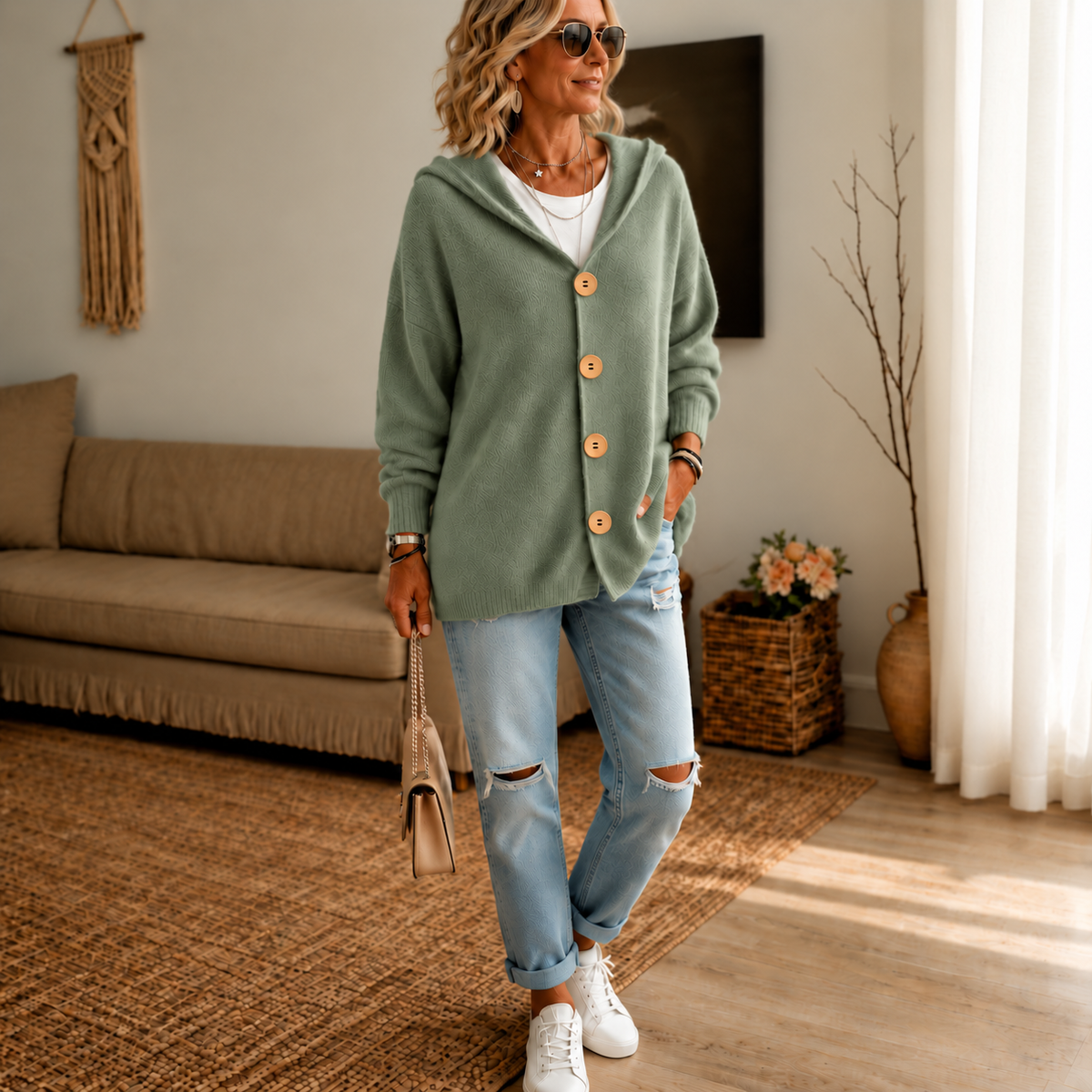 Sage green hooded cardigan styled with distressed jeans, sunglasses, and a handbag.