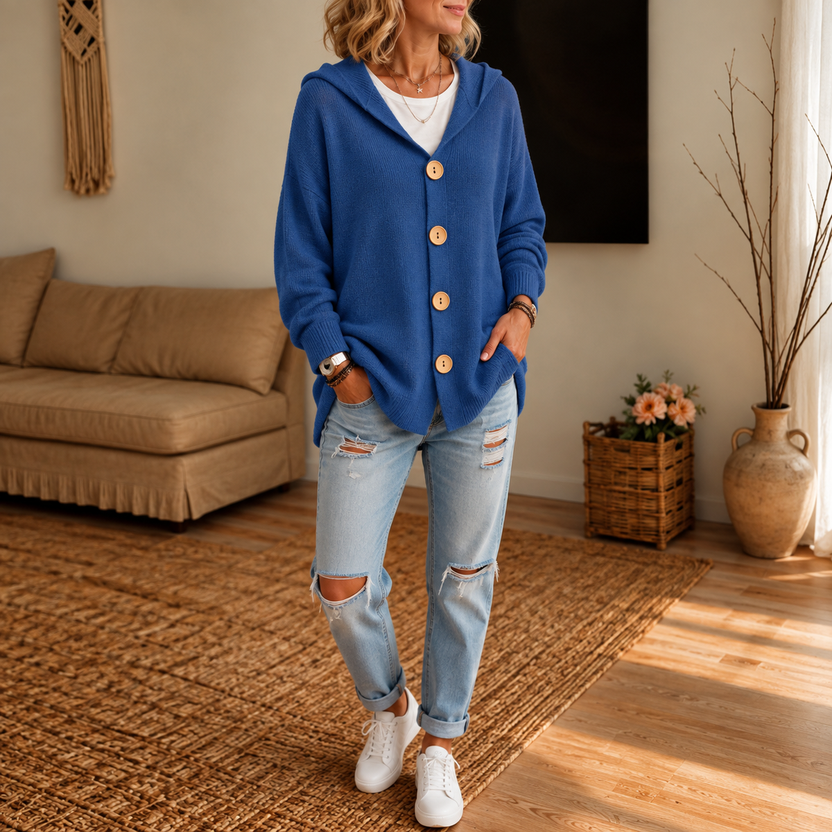 Blue hooded cardigan worn with distressed jeans and white sneakers in a relaxed standing pose.