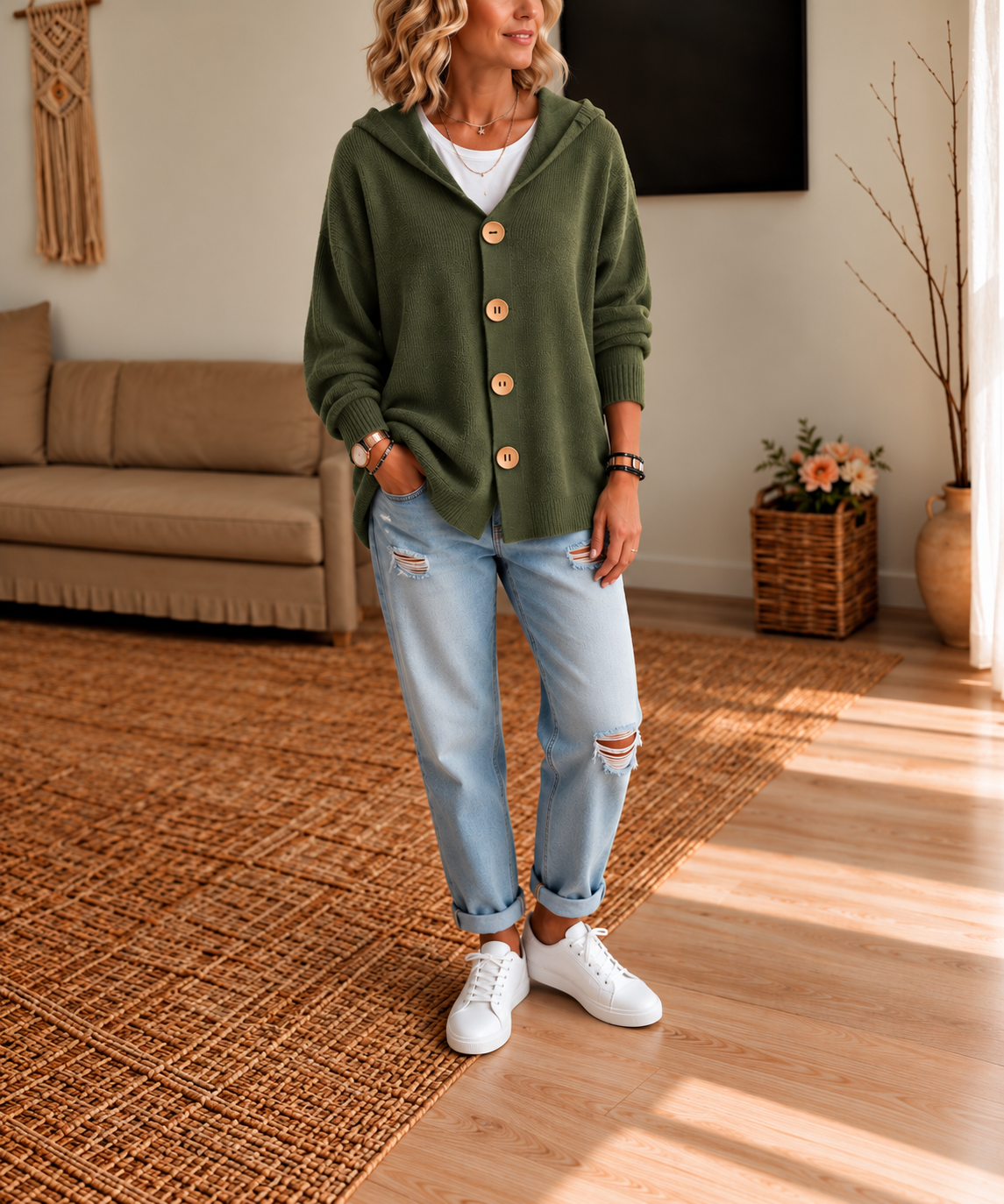 Dark green hooded cardigan with wooden buttons styled with light jeans and white sneakers.